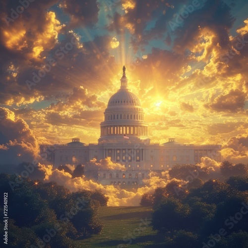 The United States Capitol Building in the clouds at sunrise