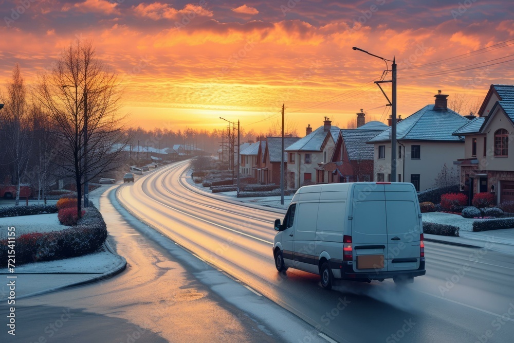 White van driving on a snowy road in a residential neighborhood at sunset White van driving on a snowy road in a residential neighborhood at sunset