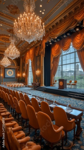 Luxurious conference room with a stage, podium, and large windows