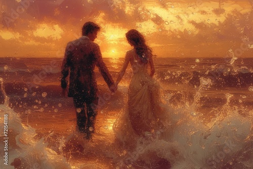 Newlyweds walking on beach at sunset
