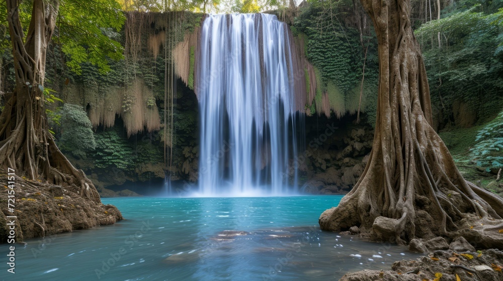 Waterfall in the middle of a forest with blue water and green trees