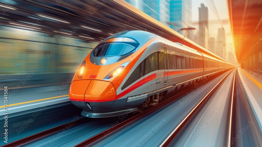 An orange and grey high speed train is running on the track with a blurred background of a city and a setting sun