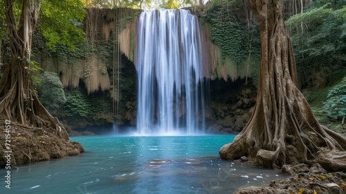 Waterfall in the middle of a forest with blue water and green trees