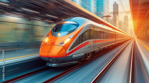 An orange and grey high speed train is running on the track with a blurred background of a city and a setting sun