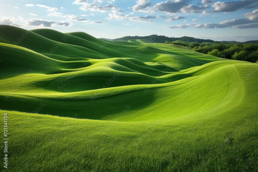 Picturesque green rolling hills under blue sky