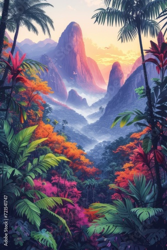 Misty mountains and dense jungle with vibrant colors