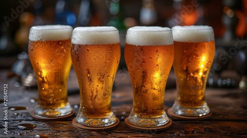 Four glasses of beer on a bar counter photo