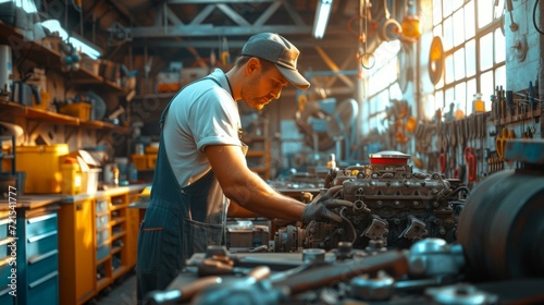 A mechanic works on an engine in a garage