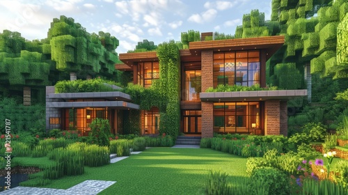 Modern Glass and Wood Minecraft House © Adobe Contributor
