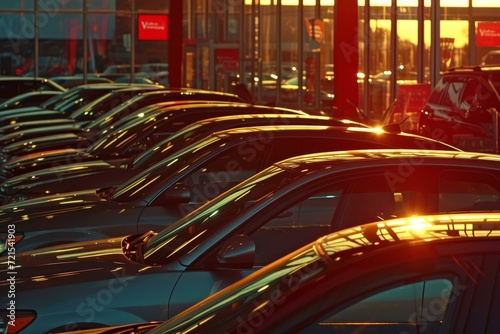 A car dealership lot with many cars parked and the sun rising in the background © Adobe Contributor
