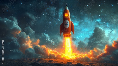 Rocket ship launching into space with stars and clouds in the background