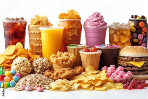 A variety of sweet and salty snacks and drinks, including chips, cookies, candy, soda, and juice