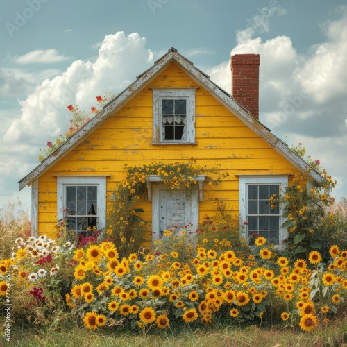 Small yellow wooden house overgrown with sunflowers photo