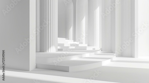 White minimalist architectural space with podiums and columns