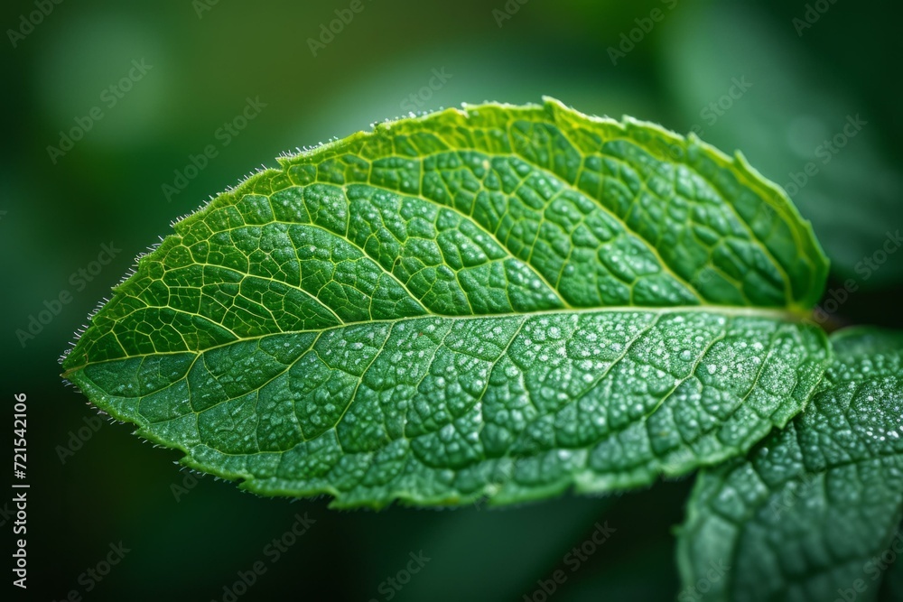 Close-up of a single green leaf with water droplets on its surface Close-up of a single green leaf with water droplets on its surface