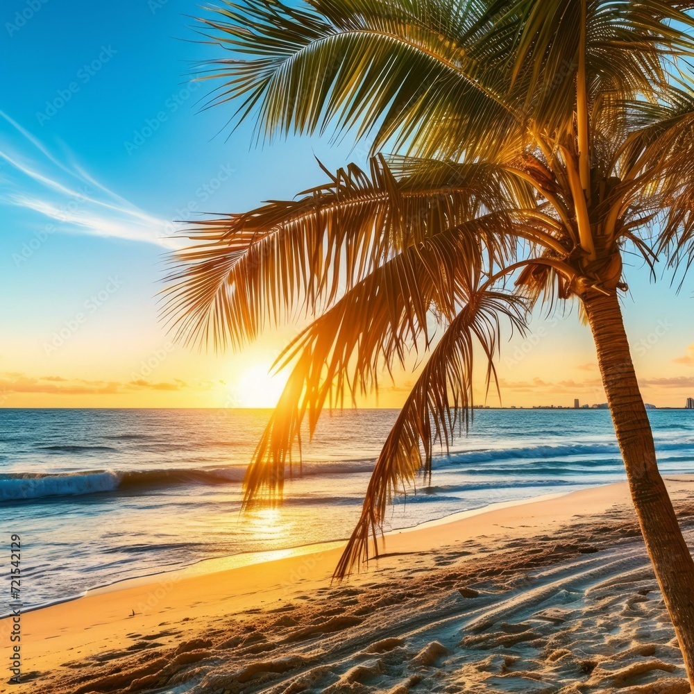 Palm tree on a tropical beach with a beautiful sunset over the ocean