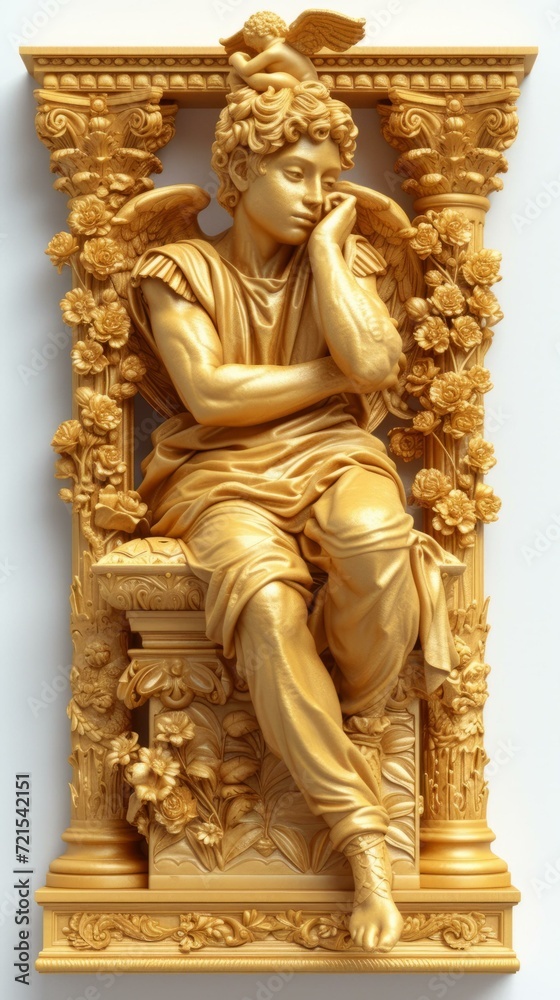 Golden sculpture of a male angel sitting on a pedestal with a thoughtful expression and flowers in the background