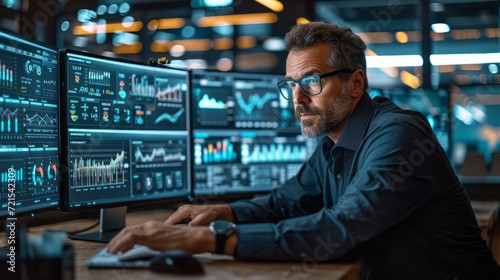 Businessman analyzing financial data on multiple computer screens in a dark office.