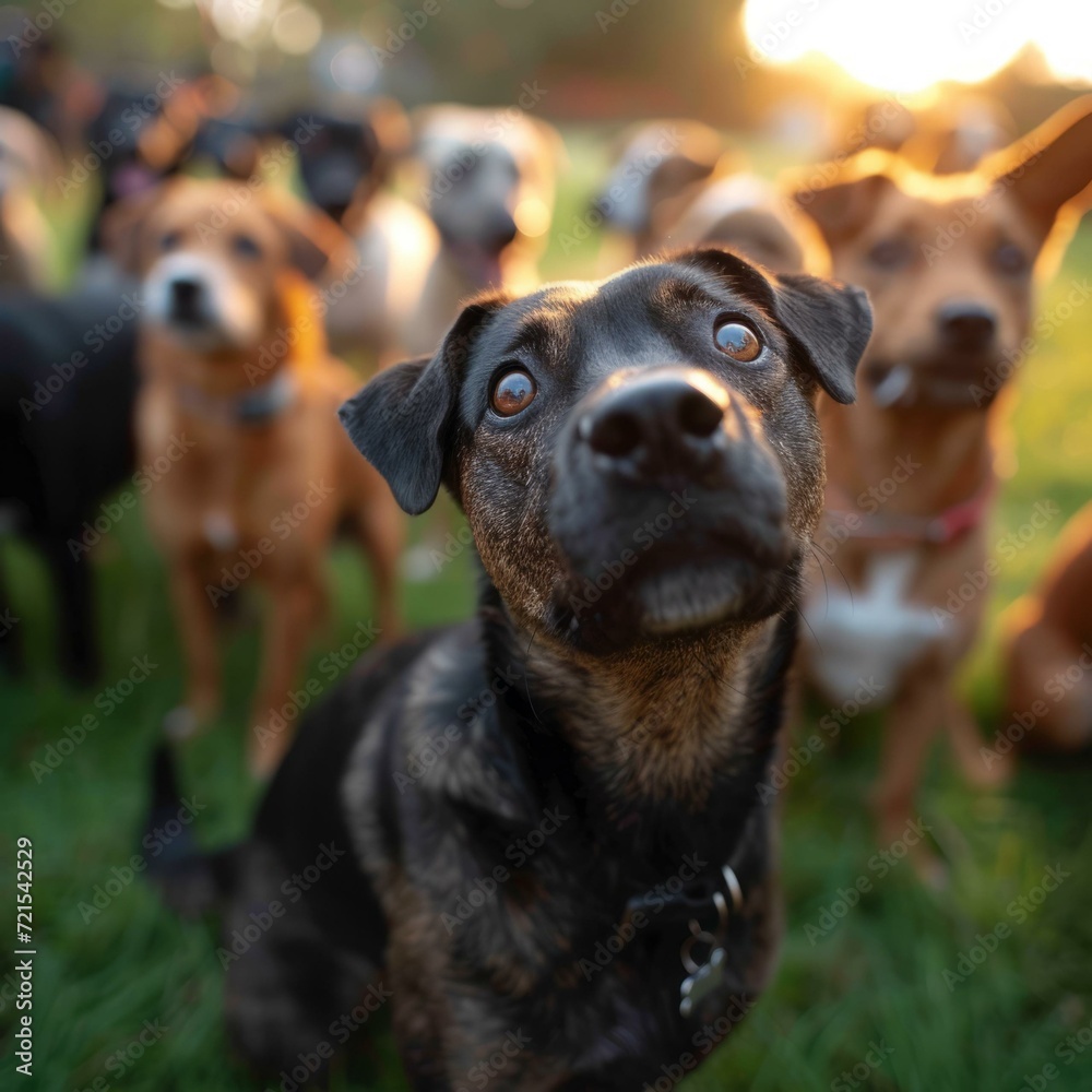 A cute black dog looking up at the camera with a group of dogs in the background