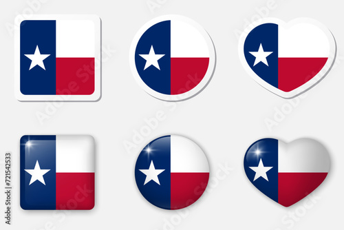 Flag of Texas icons collection. Flat stickers and 3d realistic glass vector elements on white background with shadow.