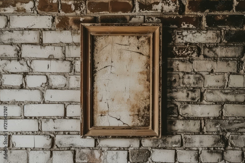 Naklejka premium old wooden frame on whitewashed brick wall