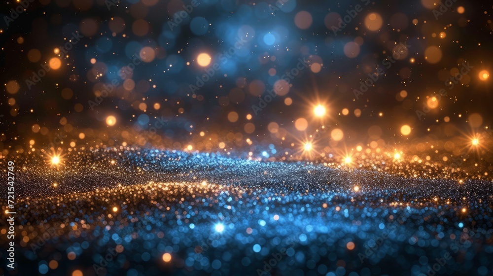 Blue and gold glitter background with glowing lights - obrazy, fototapety, plakaty 