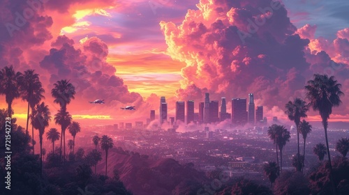 futuristic cityscape sunset palm trees clouds
