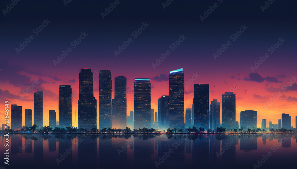 Serene Dusk Skyline Silhouette, Miami like Urban Cityscape, illustration