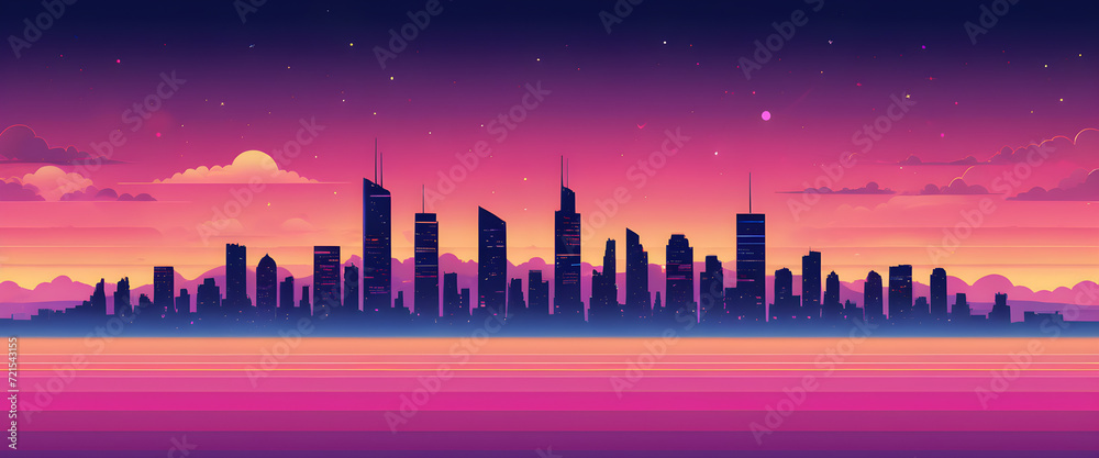 Serene Dusk Skyline Silhouette, Miami like Urban Cityscape at sunset Vivid Purple Hues illustration