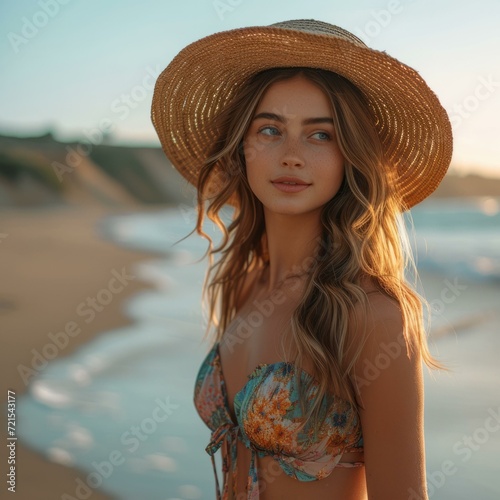 portrait of a beautiful young woman in a straw hat standing on the beach photo