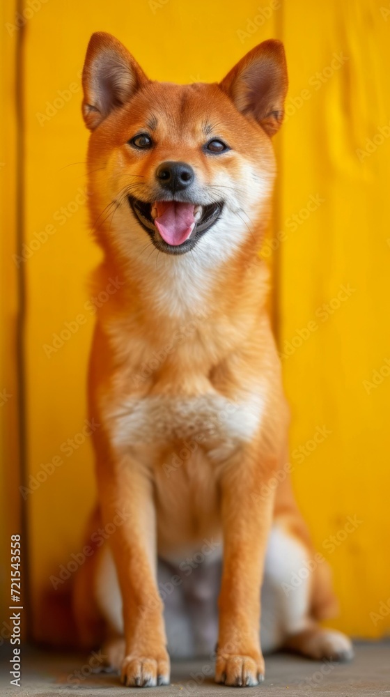 A cute Shiba Inu dog sits in front of a yellow wooden background