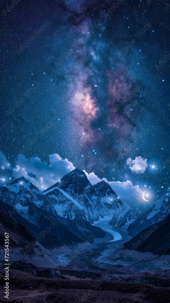 Himalayas night sky milky way stars moon mountain landscape