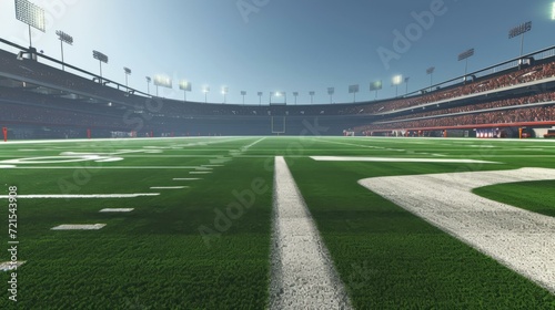 American football stadium with green field and empty seats under bright blue sky photo