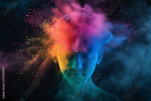 neurodiversity and autism awareness powder colorful burst in shape of boy toddler head on a black background photo