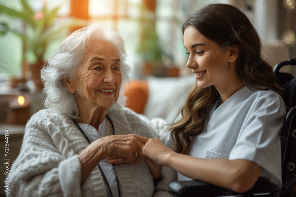 A young woman holding hands with an elderly woman in a wheelchair A young woman holding hands with an elderly woman in a wheelchair