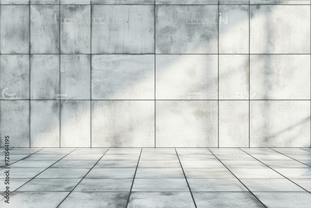 Bright empty room with concrete tiles on the floor and walls in perspective
