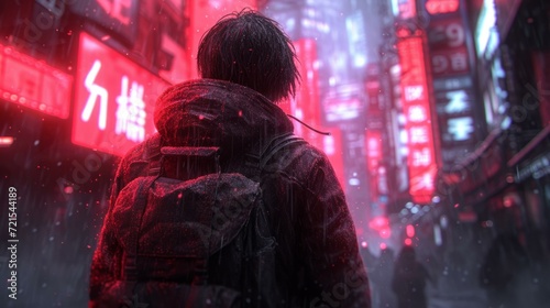 A lone figure stands in the rain on a busy street in a cyberpunk city.