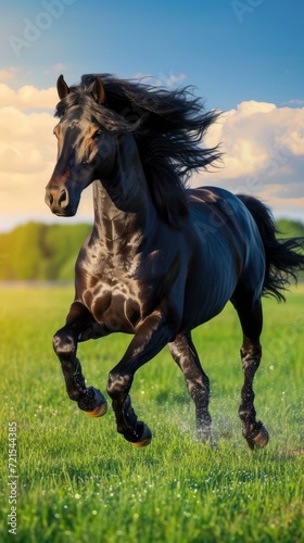 A black horse is galloping in the green field