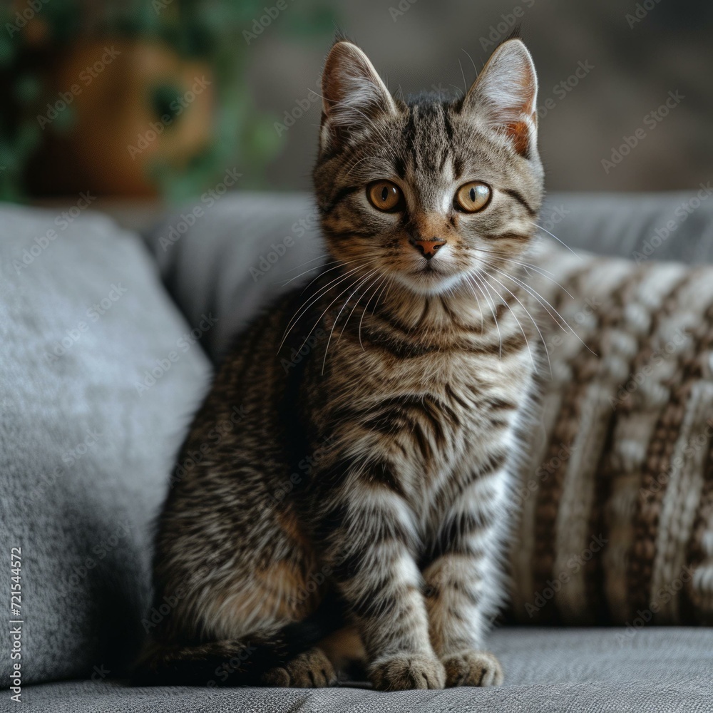 A cute tabby kitten is sitting on a gray couch and looking at the camera
