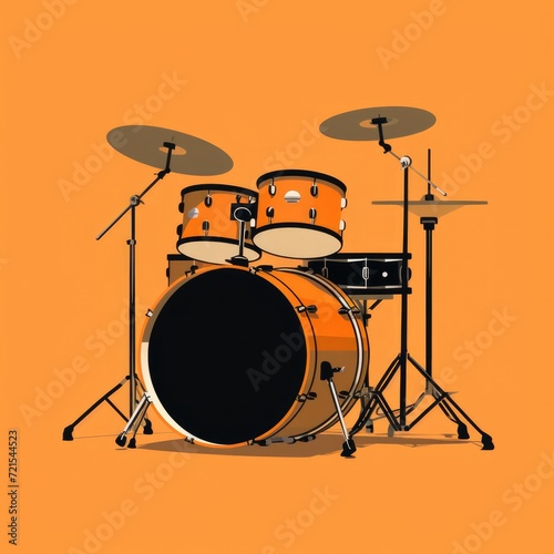 Flat image of drum kits on orange background. Simple vector image of drum kits. Digital illustration.