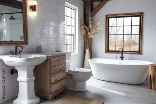 A bathroom with a large bathtub  a double vanity  and a toilet