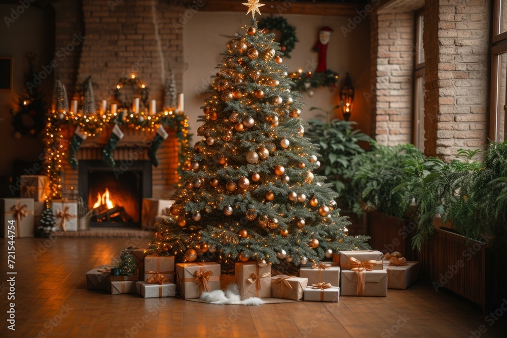 Ornate Christmas tree in a cozy living room Ornate Christmas tree in a cozy living room