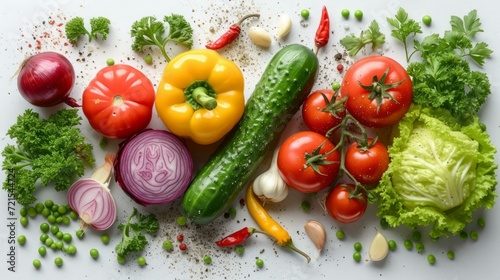 Various fresh vegetables and spices on a white background