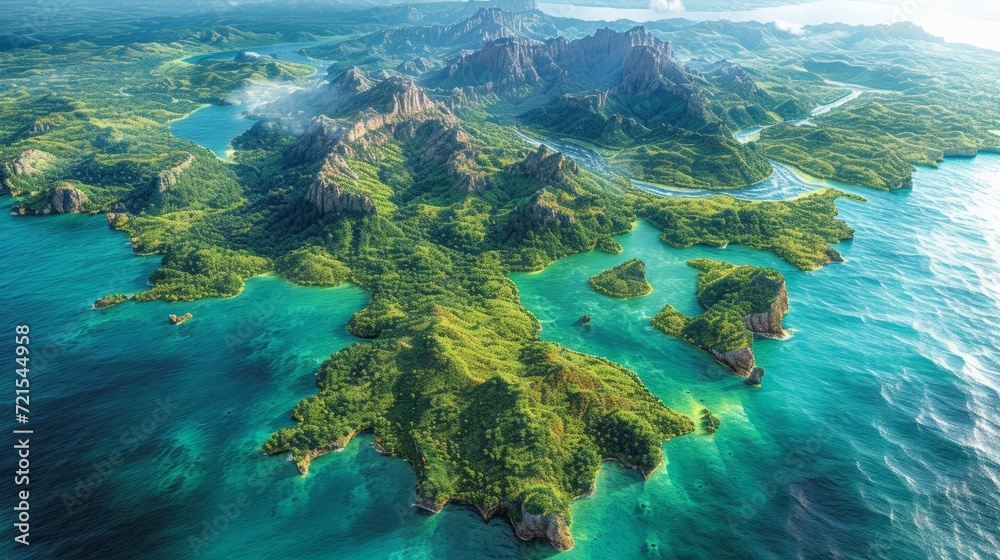 Fantasy Island Landscape with Mountains and Valleys