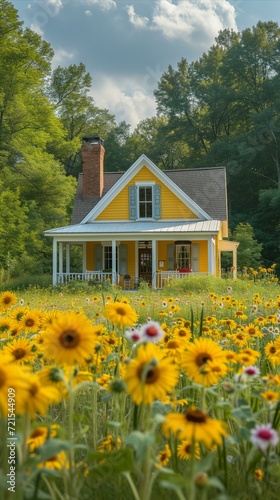 Small yellow cottage in a field of sunflowers