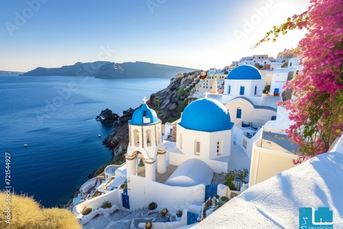 Santorini, Greece. Famous whitewashed buildings with blue domed churches on a cliffside overlooking the Aegean Sea.