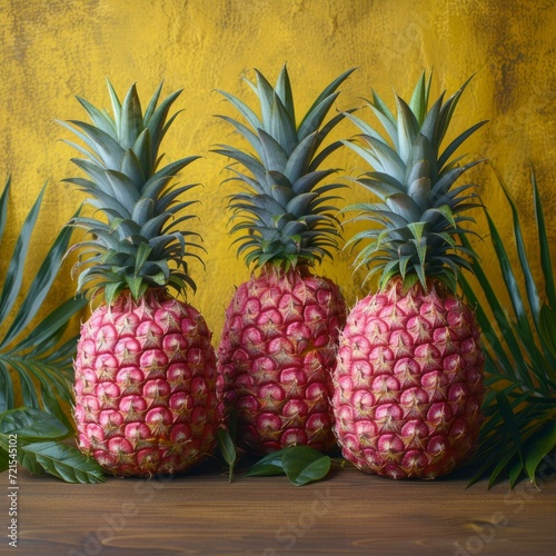 Three pink pineapples on a wooden table with palm leaves