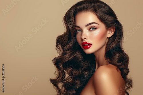 portrait of a beautiful young woman with long brown hair and red lips
