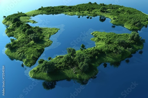 A green island with a lake in the middle and blue water surrounding it