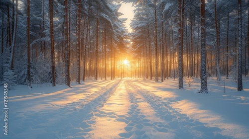 The sun shines through the snow covered forest